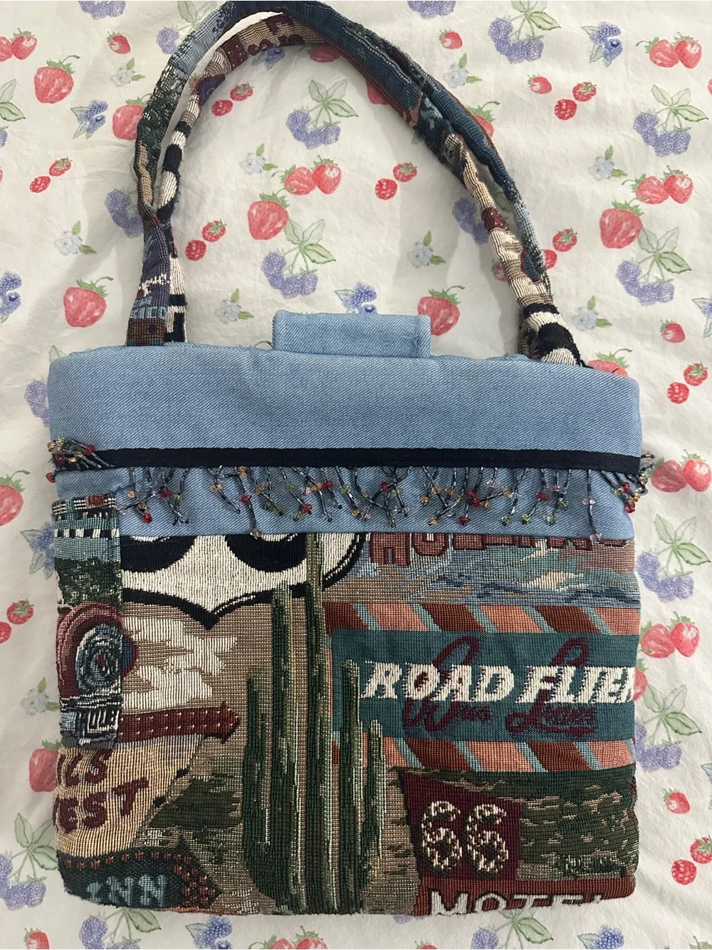 Handmade vintage Route 66 tapestry small tote bag